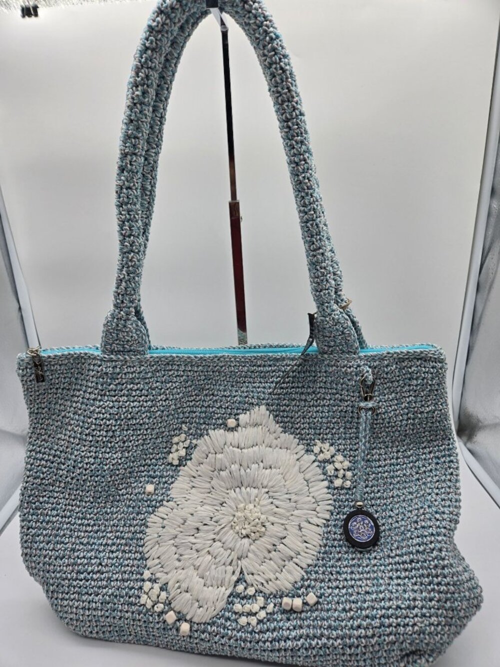 The Sak Consciously Crafted Blue Crochet Flower Carry All Tote Bag NWT Boho